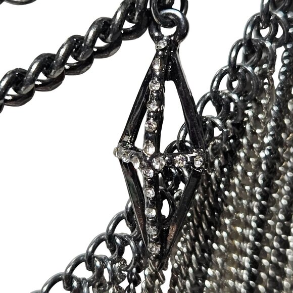 Edgy Black Silver Tone Chain Rhinestone Fringe Statement Bib Necklace Art Deco - Picture 2 of 8